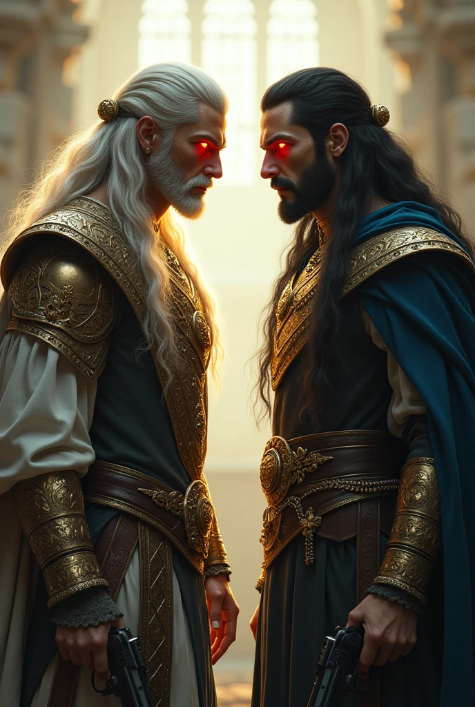 Two immortal men, the one on the left in medieval clothing , eyes like gold itself  , jewelry , a sword , long silver hair .
 
The one on the right with medieval clothes , eyes like shining rubies, jewelry , two pistols, long black hair 
 