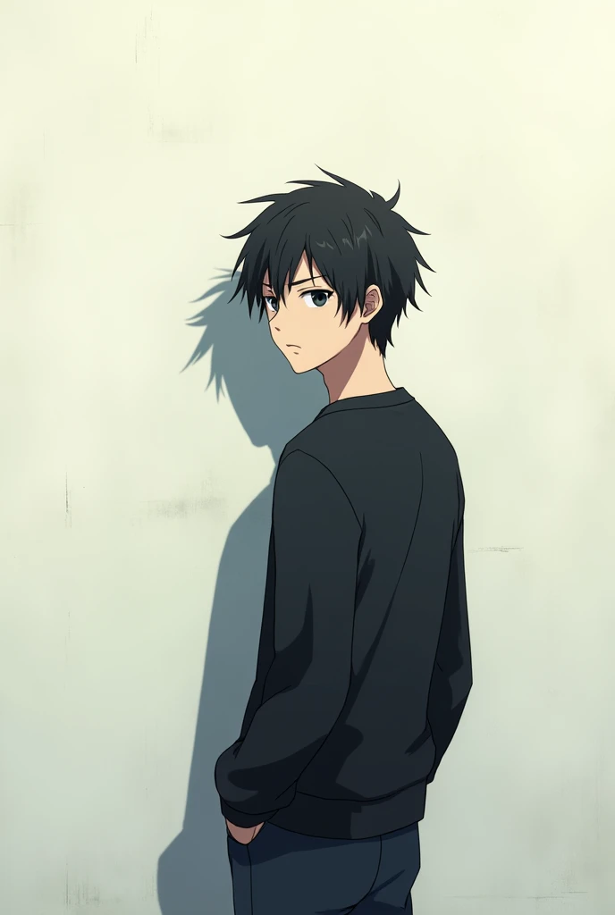 The image is in the style of a Ghibli studio anime., although somewhat gloomy and adult, A 20-year-old young man appears in it. He is standing in front of a white wall, He is seen almost turned on his back, He has medium-long hair and black eyes.. He appears serious. He is wearing a black sweater and black pants.