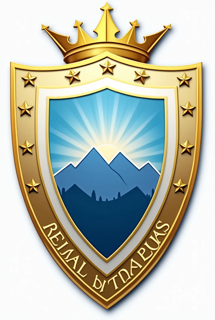 format: Shield in traditional format with a golden border.
colors: Sky blue and white as main colors, with gold details.
Central Element: Golden crown on top of the shield.
main image: Silhouette of mountains or a representative landscape of Minas Gerais in the center of the shield.
texto: "Real Minas FC" in a gold band at the bottom, with an elegant and traditional font.
detaileds: Small gold stars around or along the edge of the shield.