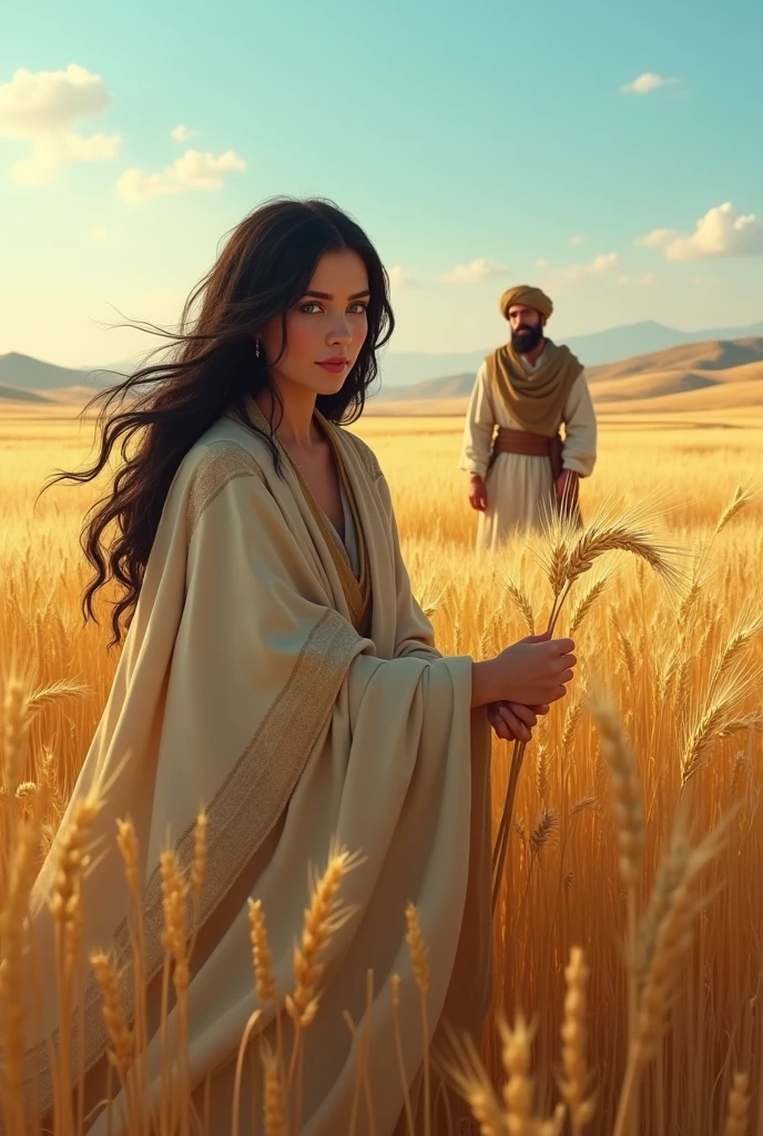 Generate realistic images of Ruth the Moabite with blue eyes and black hair covered with a blanket working in a field collecting wheat. While Boaz, his head covered with a turban of the time, watches Ruth from afar with admiration
