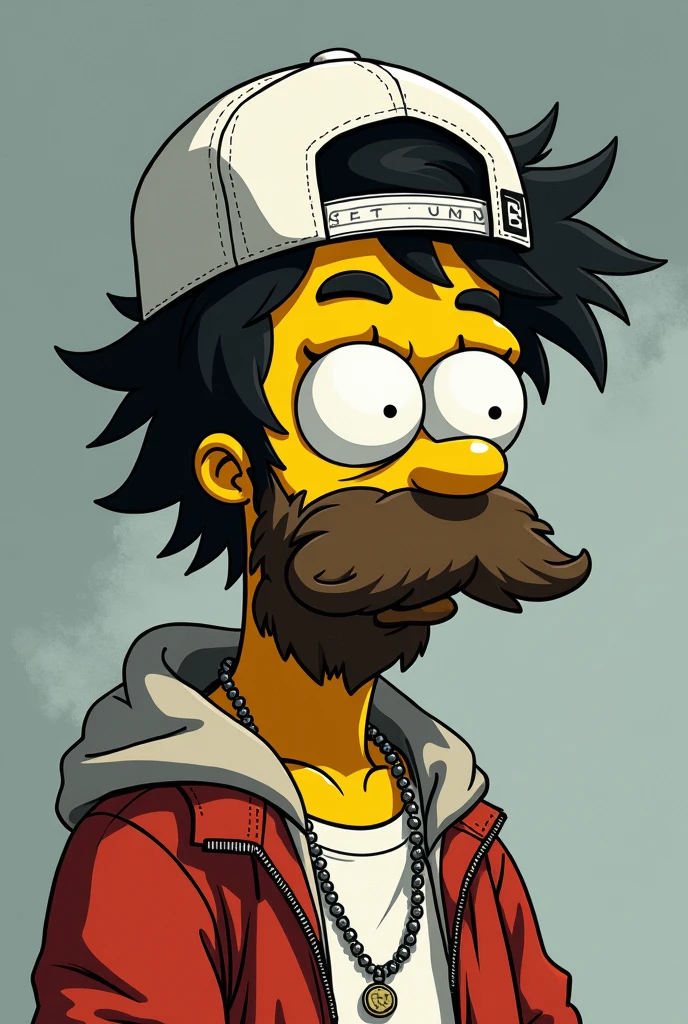 Homer Simpson is a teenager, with a white Nike cap backwards in rap style and a long beard