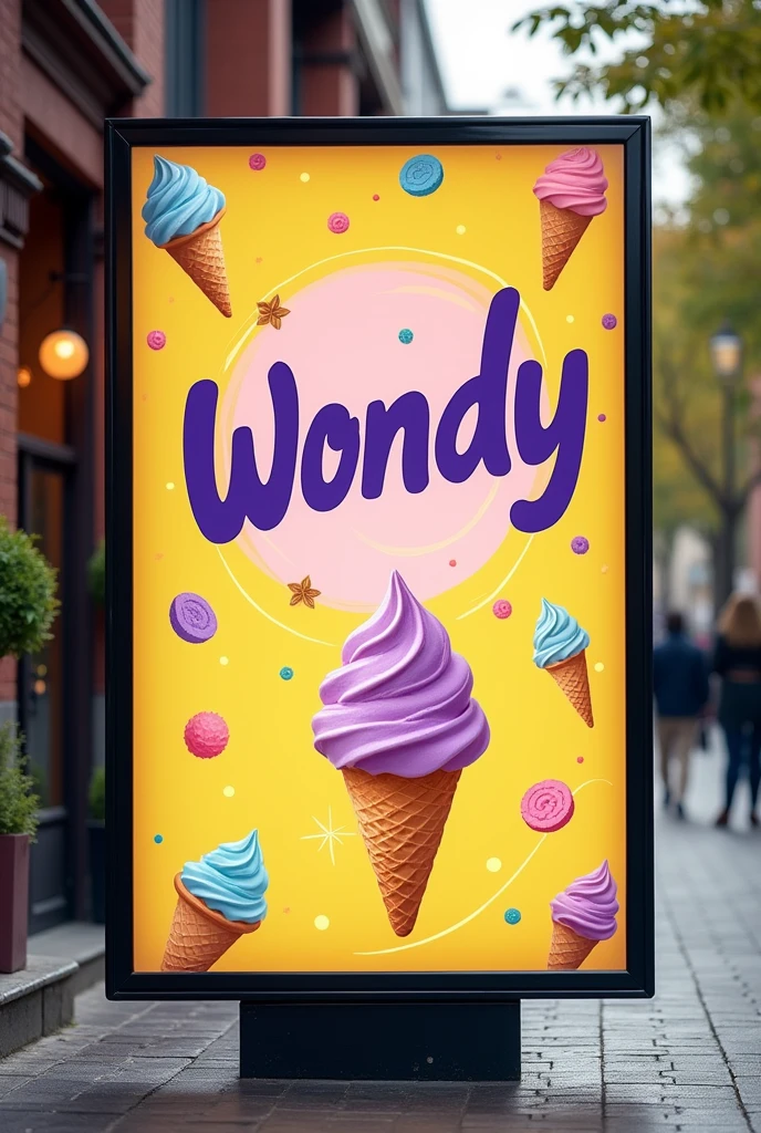 Outdoor advertising with the name WONDY with a modern design, simple and fun yellow and purple above an ice cream shop