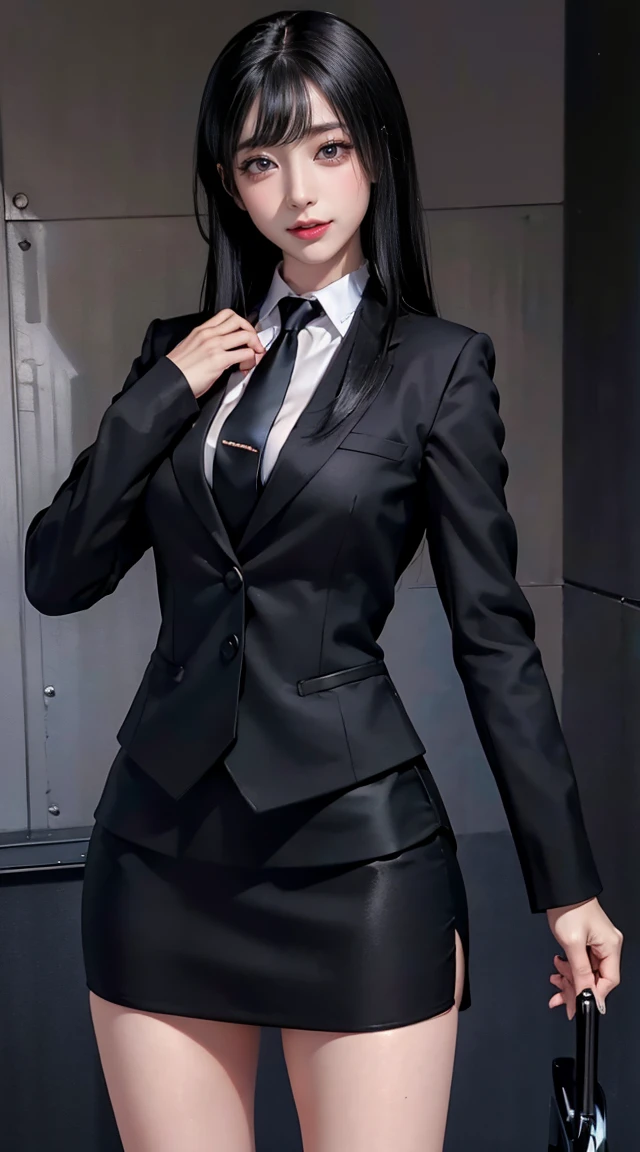 (8k, RAW Photo, highest quality, masterpiece:1.2), (Realistic), 1 girl, ((Black business suit, black pencil skirt, short skirt, black necktie, high heels)), skeletally correct, anatomically correct, black hair, long hair, sweaty body, shiny skin, beautiful face, smile, cowboy shot, standing