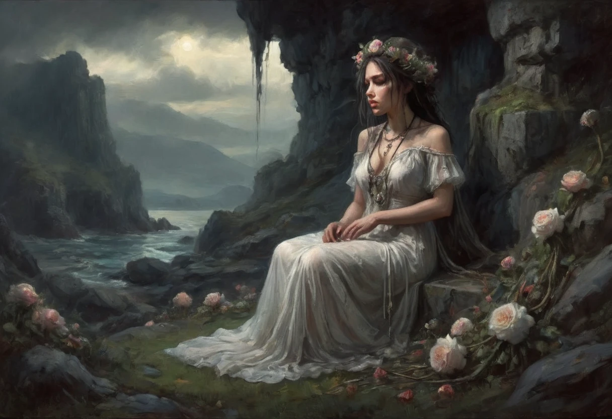 a sacrificial virgin woman, distressed expression, flower body decorations, beautiful detailed face and eyes, long eyelashes, airy sheer white dress, chained ankles, on a sacrificial nook on a cliffside, an eldritch beast with a slime blob body and many mouths approaching, dramatic lighting, dark moody atmosphere, cinematic composition, fantasy, dark fantasy art, muted color palette, chiaroscuro lighting, photorealistic, highly detailed, masterpiece
