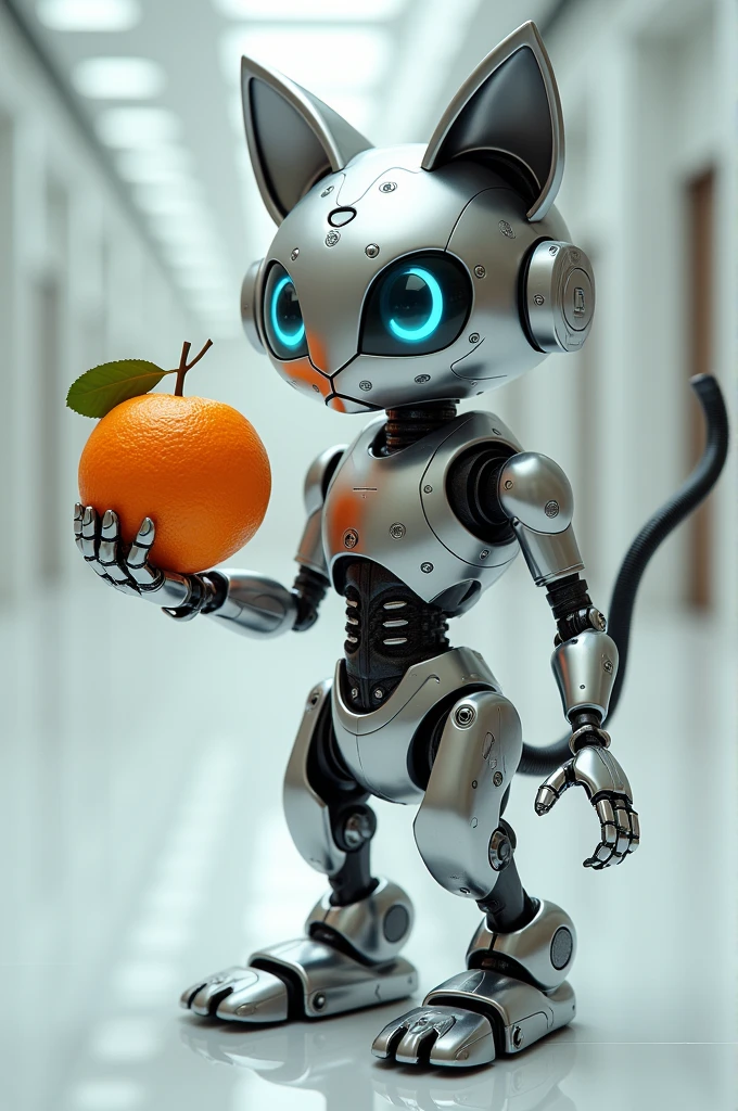 A robot cat with a tangerine in its paw