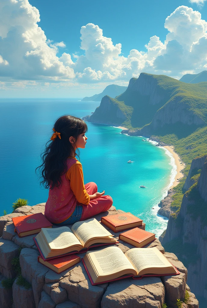 a girl sitting on top of a mountain with books around her,
looking at a horizon with a beach in very bright colors