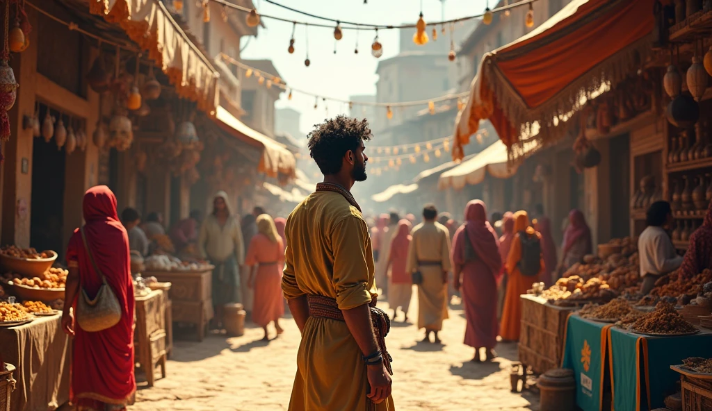 **A busy marketplace in the village**, with people engaging in daily activities, contrasting with Rohan’s reflective stance
