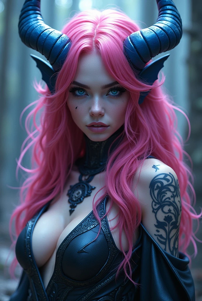 A female demon with pink hair with blue tips , yes horns