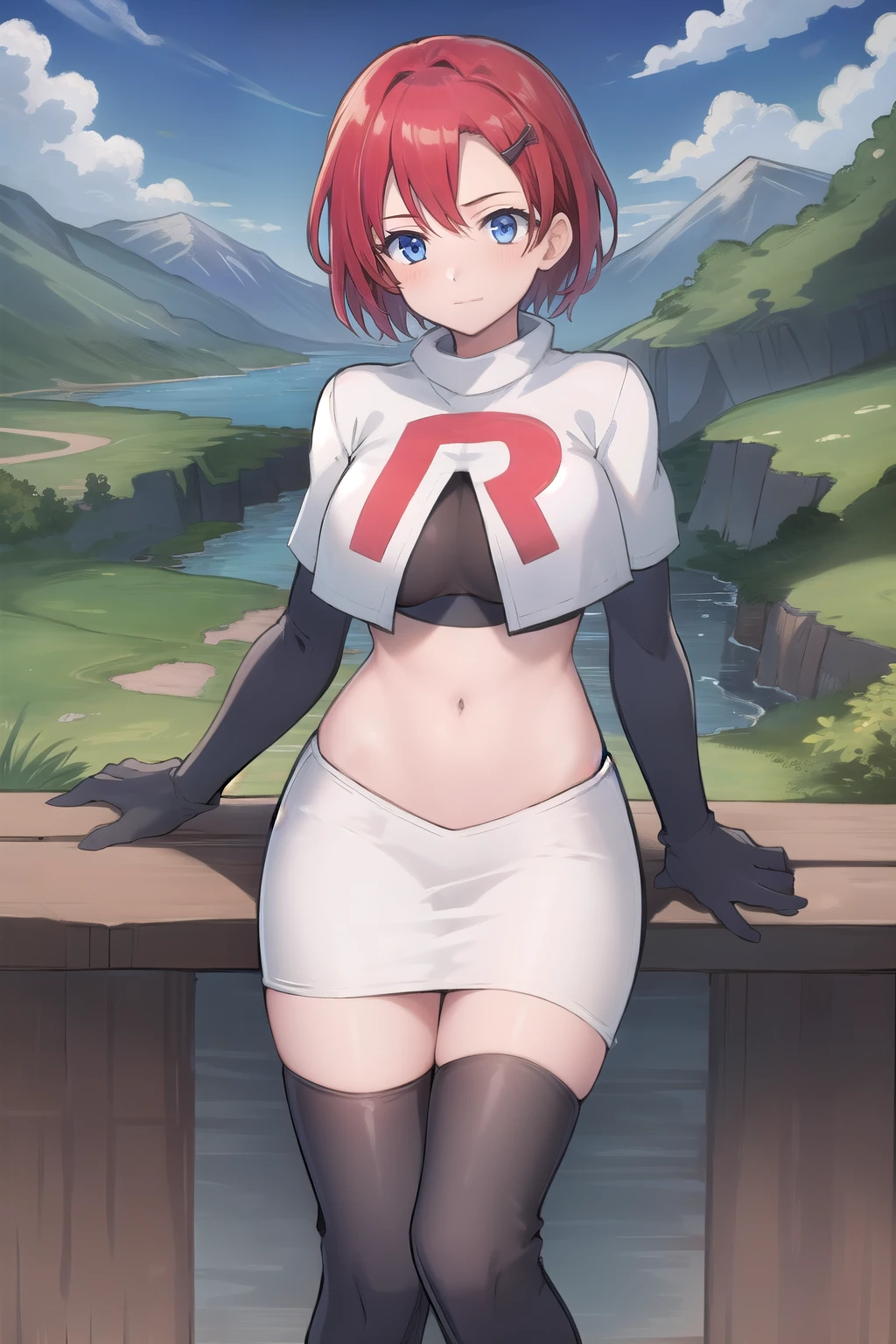 best quality, (masterpiece:1.2), illustration, absurdres, (1girl, solo, beautiful detailed girl),
Emily, short hair, red hair, hair ornament, hairclip, blue eyes, medium breasts,
garrison cap, team rocket,team rocket uniform,white skirt,red letter R,crop top,black thigh-highs,black elbow gloves,
field, sky, clouds, distant mountains,
looking at viewer, 