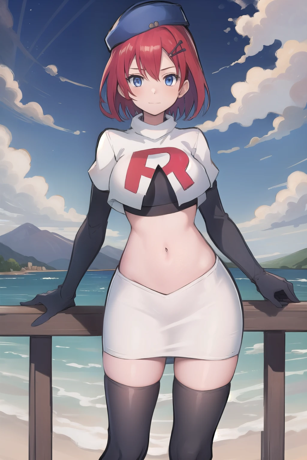 best quality, (masterpiece:1.2), illustration, absurdres, (1girl, solo, beautiful detailed girl),
Emily, short hair, red hair, hair ornament, hairclip, blue eyes, medium breasts,
garrison cap, team rocket,team rocket uniform,white skirt,red letter R,crop top,black thigh-highs,black elbow gloves,
field, sky, clouds, distant mountains,
looking at viewer, 