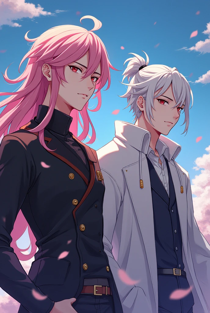 create a young man with long pink hair who meets another young man with tied up white hair and long anime fanart art well done then they go together for an adventure they meet a villain and fight together against this threat