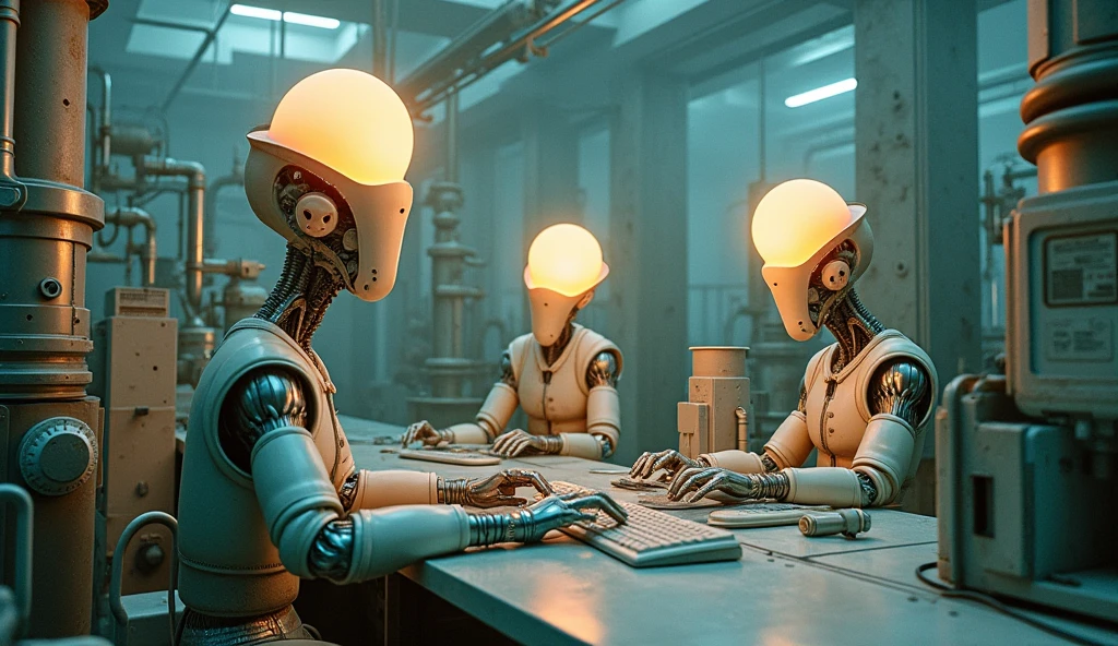 Top quality, masterpiece, cement building background, detailed and complex machine room interior background, pastel colors, three creatures with light bulbs as heads, mechanical bodies, science fiction, detailed science, life science, wearing complex pastel clothes, detailed image texture, bizarre, horror, creepy atmosphere (not AI image), cloudy weather, sitting and working on a computer.