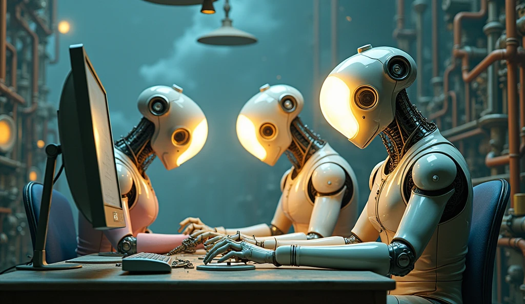 Top quality, masterpiece, cement building background, detailed and complex machine room interior background, pastel colors, three creatures with light bulbs as heads, mechanical bodies, science fiction, detailed science, life science, wearing complex pastel clothes, detailed image texture, bizarre, horror, creepy atmosphere (not AI image), cloudy weather, sitting and working on a computer.