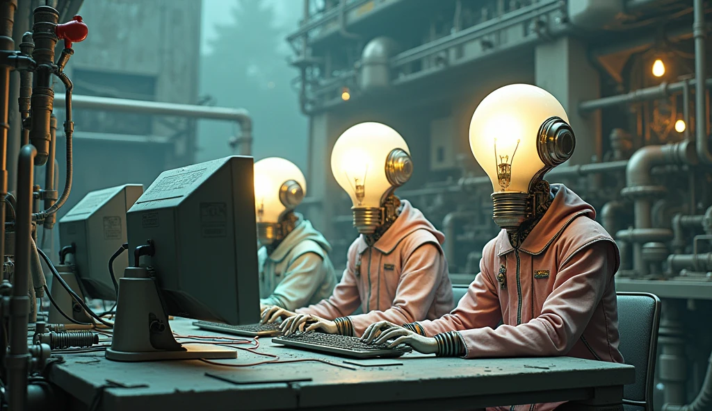 Top quality, masterpiece, cement building background, detailed and complex machine room interior background, pastel colors, three creatures with light bulbs as heads, mechanical bodies, science fiction, detailed science, life science, wearing complex pastel clothes, detailed image texture, bizarre, horror, creepy atmosphere (not AI image), cloudy weather, sitting and working on a computer.