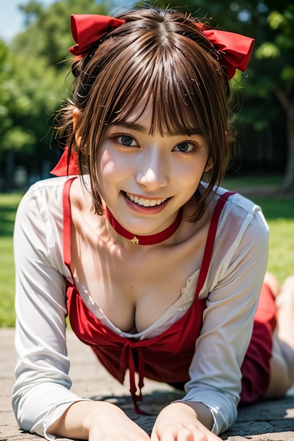  (photo-realistic,realistic:1.4), (best quality, masterpiece:1.2), RAW photo, high resolution, intricate details, extremely detailed, sharp focus, cinematic lighting, (full body),
solo, 1girl, a 14yo Japanese girl, (all fours), (detailed face, beautiful detailed eyes, beautiful pupils, sophisticated nose), pale skin, (cheerful grin),
(brown hair, short hair, bangs), collarbone, cotton clothes, long sleeve, white shirt, blooch tie, (red cami dress), red choker, (red hair ribbon barrette), red ankle strap pumps, photo background, outdoors,
