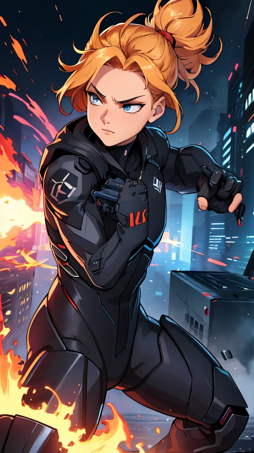 (extremely detailed CG unity 4k wallpaper),(masterpiece),(best quality),(ultra-detailed),(best illustration),(best shadow),(absurdres),(Detailed background),Handsome male, Black Advanced combat suit, short blond hair, aggressive action pose, blue eyes, burning city background, close up,