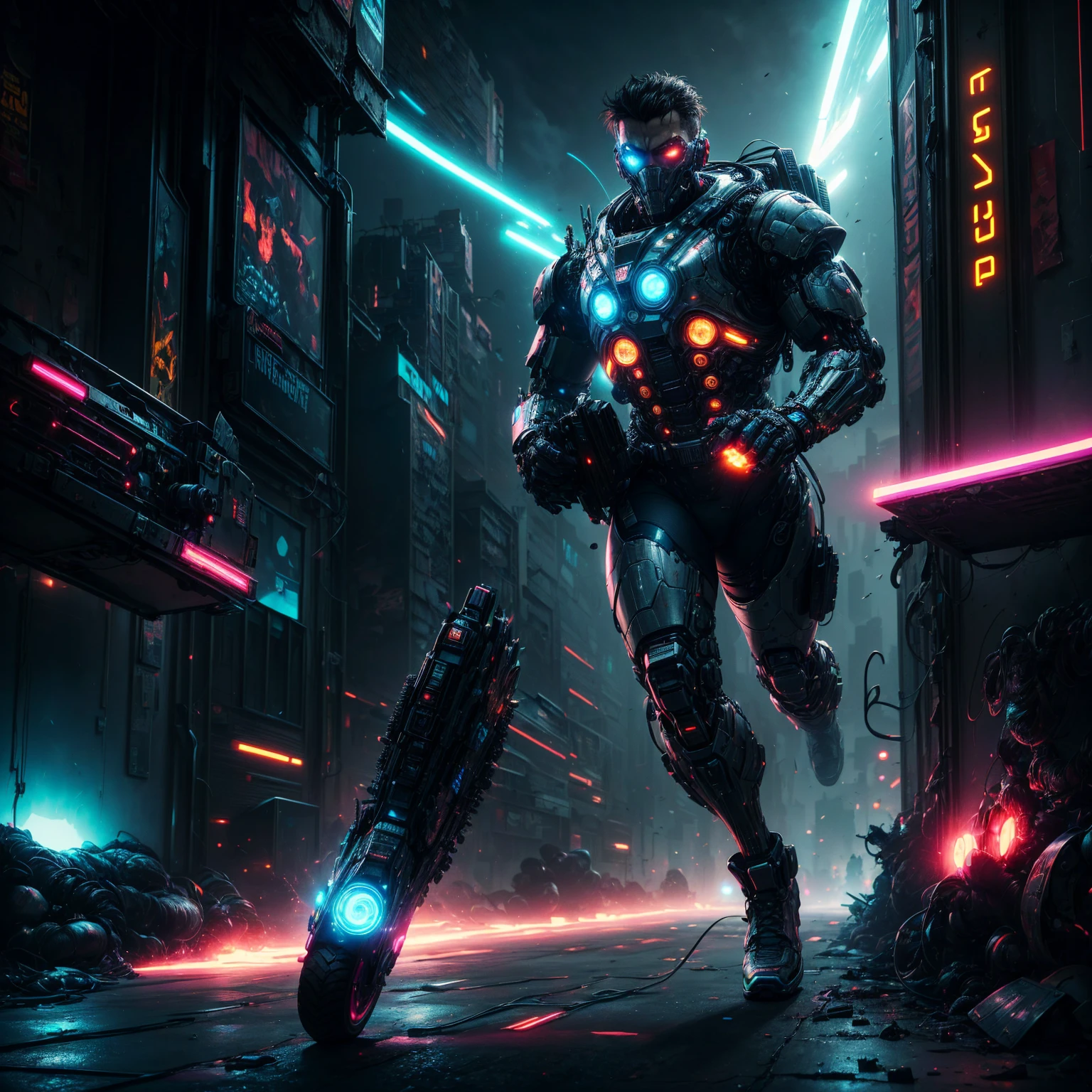 (masterpiece:1), 8K, unreal engine, hyperrealistic, reflexions/refraction, (HDRI illumination), "An intrepid cyborg/bionic/hero running on a flying hoverboard, ((nuclear/electromagnetic (quantum driven)), with futuristic sneakers from the year 3000, cyberpunk atmosphere, neon city lights, he is wearing and armour cyber-futuristic military grade.
