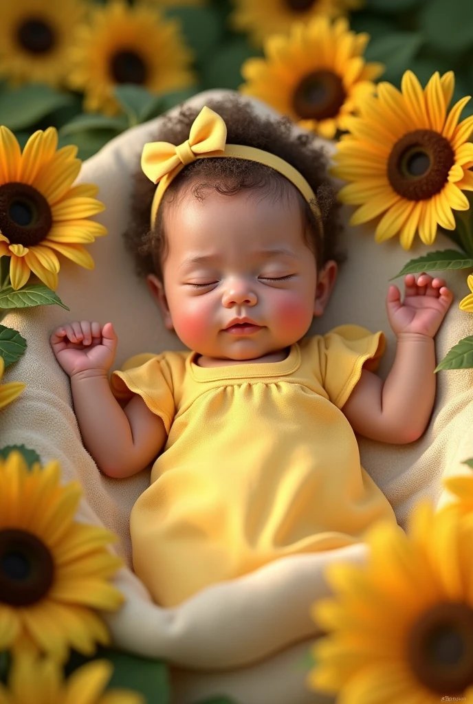 Realistic baby girl age 1 wearing yellow gown and yellow ribbon in head laying down in the blanket whole body with arounding sunflowers