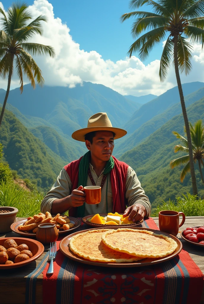 In the image, The peasant is dressed in a turned-up hat, an iconic symbol of Colombian culture, que lo protege del sol while enjoying your meal. She is wearing a cotton ruana, hand woven, which gives it an air of warmth and authenticity. The ruana, with its traditional design, adds a touch of rusticity and reflects the cultural heritage of the cold regions of Colombia, like Boyacá and Cundinamarca.
These items of clothing, Together with the surroundings, this scene is a beautiful and authentic representation of rural life in Colombia.. The image shows a peasant, dressed in simple and typical clothing from the Colombian countryside, sitting at a rustic wooden table. He enjoys an arepa filled with slices of cheese, a traditional dish that is a fundamental part of Colombian gastronomy. In your other hand, holding a hot cup of coffee, whose fragrance seems to mix with the fresh country air.
On the table, There are a variety of Colombian dishes: a generous tray paisa, which includes beans, rice, crackling, meat, egg, and ripe banana; Various arepas in different presentations, and a couple extra cups of coffee, ready to be served. The table is decorated with vibrantly colored tablecloths., that contrast with the rustic wood.
The background of the image is majestic: the peasant is in the middle of the field, surrounded by vast green and colorful mountains, with the imposing wax palms, emblematic tree of Colombia, that rise towards the sky. The horizon shows a picturesque landscape, where nature unfolds in all its splendor, with a mix of intense greens and the blue of the sky.
The peasant, while enjoying your meal, look at the horizon, appreciating the natural beauty that surrounds it, in a moment of tranquility and connection with the earth. This scene captures the essence of rural life in Colombia, where traditional food, Natural beauty and simplicity come together to create a moment of peace and gratitude.