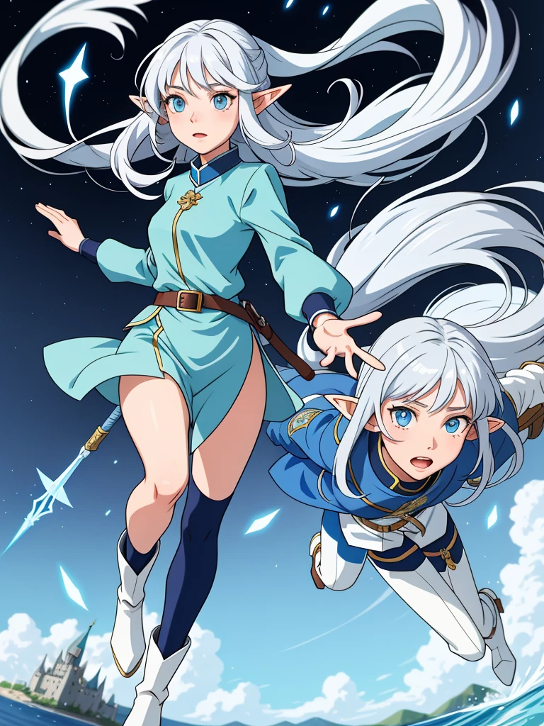 Professor Elowen Mistralight, a 25 year old elf, Delicate, medium-height elf with silver hair., mysterious and penetrating light blue eyes, He wears a tunic with drawings of wind and water., sky blue skinny pants, long, with navy blue riding boots, the boots reach the knee, a magic wand and a castle background, animated style. Individual image of her full body.. He is in action pose.. Has one leg raised with the knee bent., His mouth is slightly open as if he had been exercising a lot.... He has light skin. She has her hair loose and waving in the wind.... feminine and sexy body.