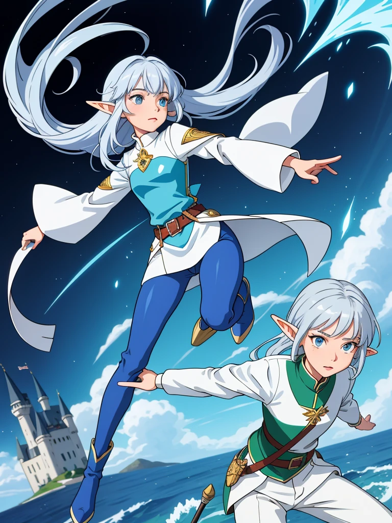 Professor Elowen Mistralight, a 25 year old elf, Delicate, medium-height elf with silver hair., mysterious and penetrating light blue eyes, He wears a tunic with drawings of wind and water., sky blue skinny pants, long, with navy blue riding boots, the boots reach the knee, a magic wand and a castle background, animated style. Individual image of her full body.. He is in action pose.. Has one leg raised with the knee bent., His mouth is slightly open as if he had been exercising a lot.... He has light skin. She has her hair loose and waving in the wind.... feminine and y body.