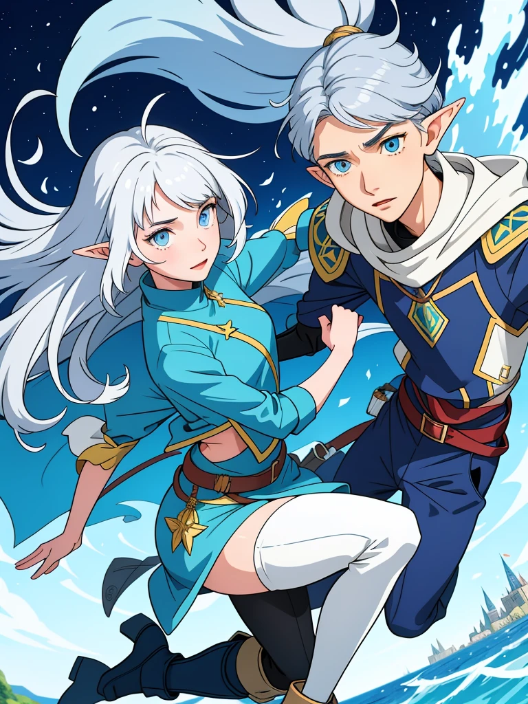 Professor Elowen Mistralight, a 25 year old elf, Delicate, medium-height elf with silver hair., mysterious and penetrating light blue eyes, He wears a tunic with drawings of wind and water., sky blue skinny pants, long, with navy blue riding boots, the boots reach the knee, a magic wand and a castle background, animated style. Individual image of her full body.. He is in action pose.. Has one leg raised with the knee bent., His mouth is slightly open as if he had been exercising a lot.... He has light skin. She has her hair loose and waving in the wind.... feminine and sexy body.