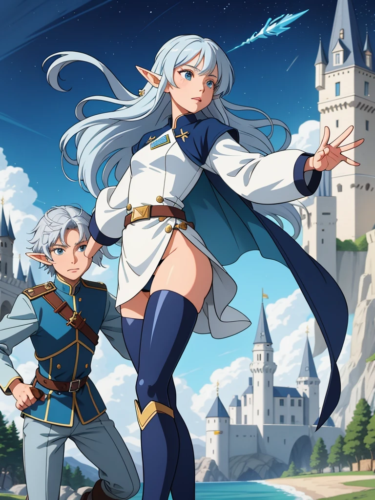 Professor Elowen Mistralight, a 25 year old elf, Delicate, medium-height elf with silver hair., mysterious and penetrating light blue eyes, He wears a tunic with drawings of wind and water., sky blue skinny pants, long, with navy blue riding boots, the boots reach the knee, a magic wand and a castle background, animated style. Individual image of her full body.. He is in action pose.. Has one leg raised with the knee bent., His mouth is slightly open as if he had been exercising a lot.... He has light skin. She has her hair loose and waving in the wind.... feminine and sexy body.