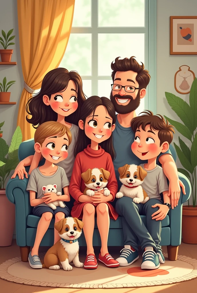 The cutest cartoon of a large family of 10 members, without children, 0 children, not typical, along with her puppies and a kitten, sharing all together