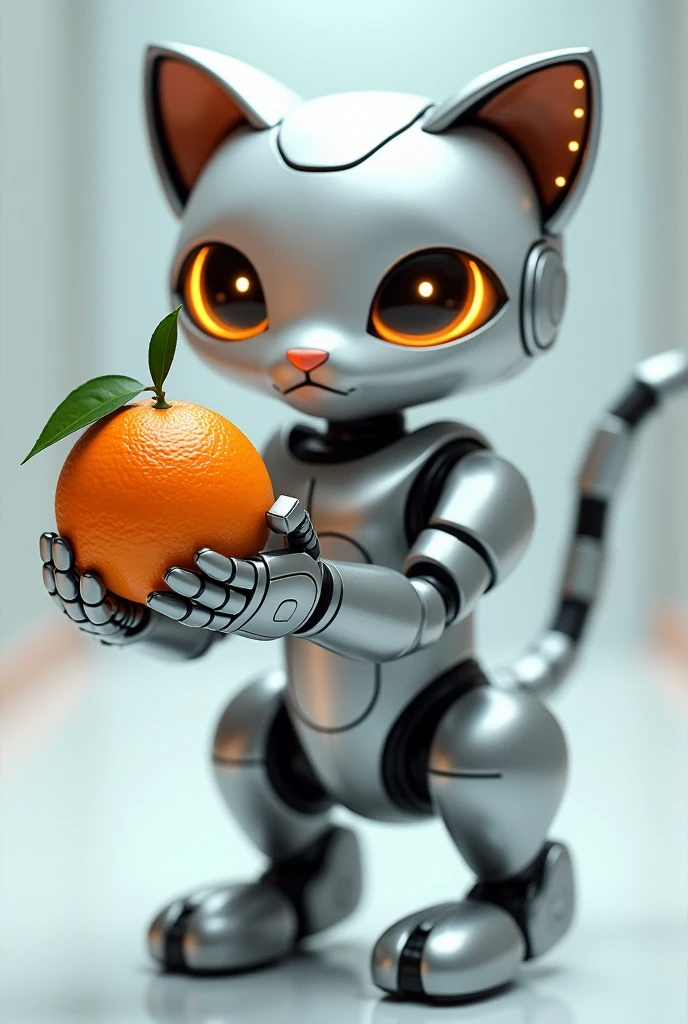 A robot cat with a tangerine in its paw