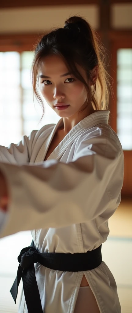 Karate pose, First pose, ((cross-arm salute)), Front view , Full- body, beautiful Japanese, 18-year-old, (Light brown hair, short pony tail , Brown fringe eyes, Beautiful Lips, serious), (middle Breasts, middle Hips) ,((Karate clothes, Karate underwear, Black obi)), (White underwear), At the Karate Dojo, Standing on tatami mat, Textured skin ((Surrealism, Fujicolor, Fujifilm, UHD, retina, masterpiece, accurate, anatomically correct, textured skin, super detail, high details, high quality, best quality, 8k))