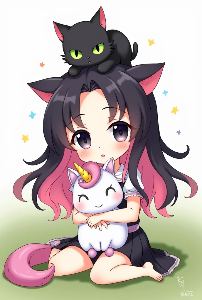 Girl with long pink and black hair and black eyes and a black cat on her head with green eyes and a unicorn stuffed animal in her hand, sitting, Anime style chibi baby