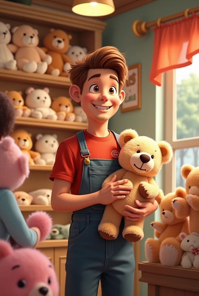 Create a HUMAN male worker WITHOUT BEING OLD for a plush toy store called bears