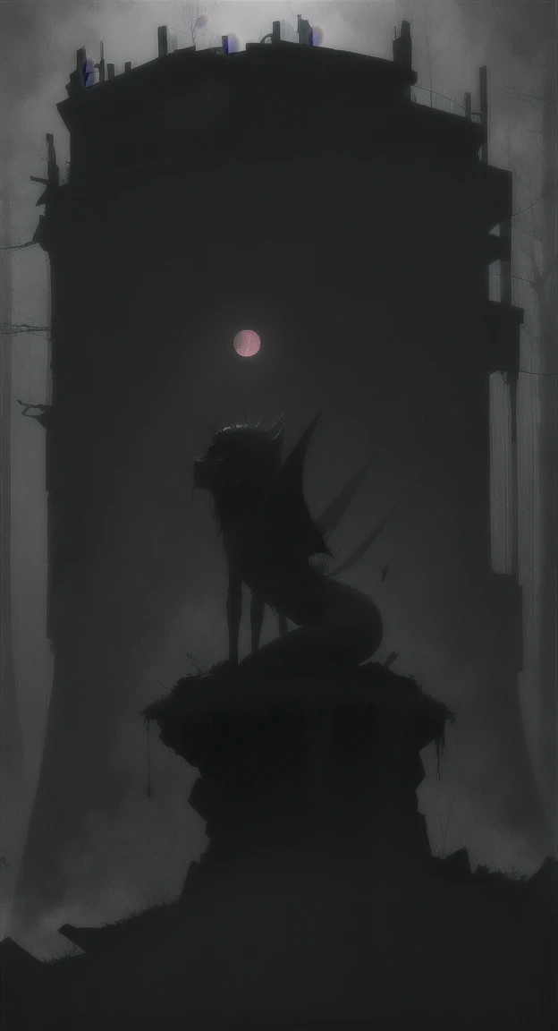 Foggy Forest, demonic silhouette, fairy shadow figure, red eyes, eyes in the fog, rotting, looking dead, torn wings, forest ruins,