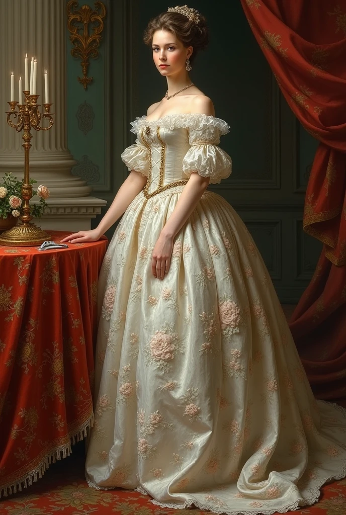 Full length portrait of a beautiful royal woman wearing a Rococo style dress from the 1700s in France