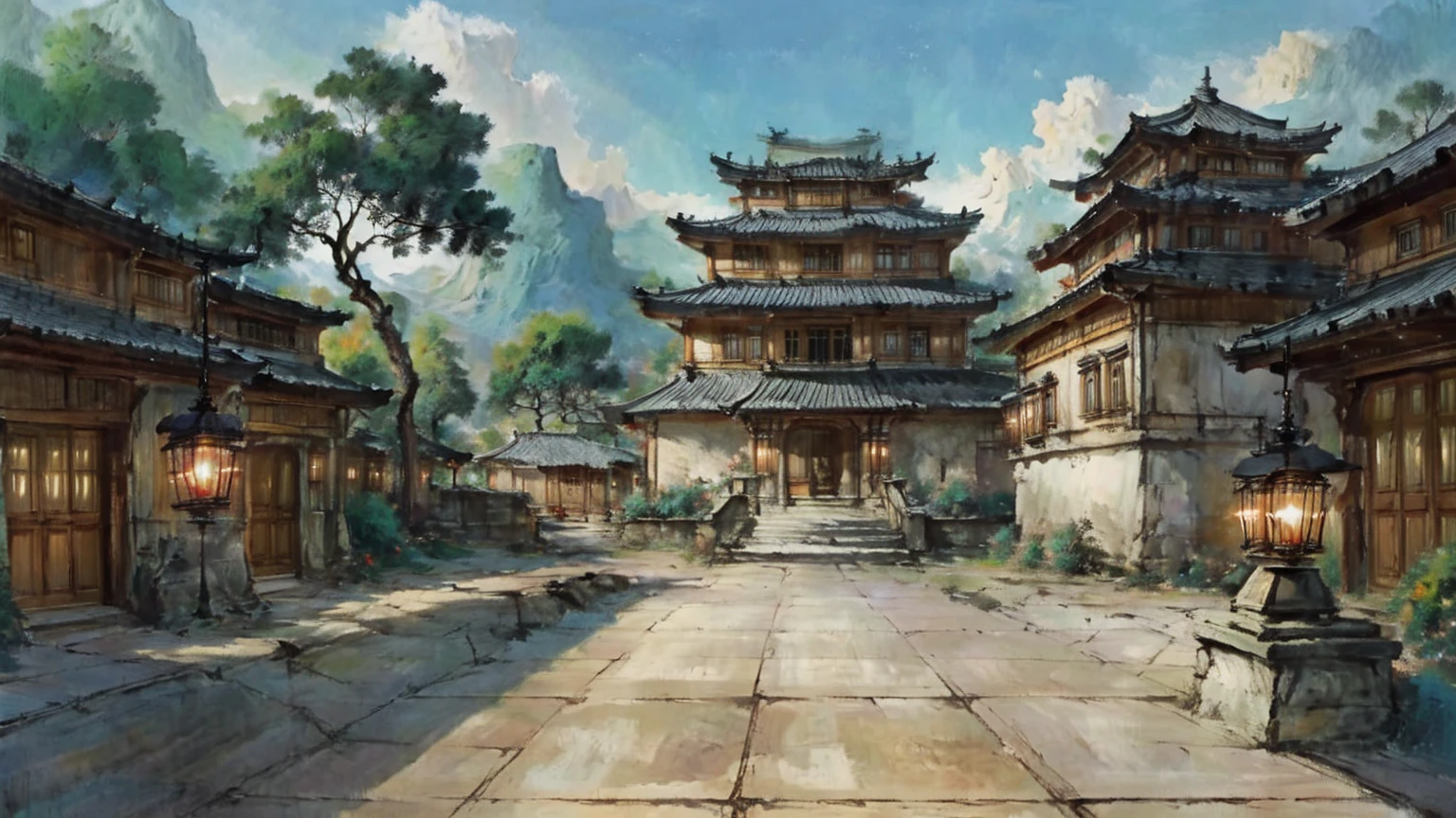 中国Ink画,  masterpiece , best quality, Ink画，Guo Chao，Ink，Xianxia scene，Fantasy fairyland scene，Pavilions，architecture具有东南亚特色，cloud雾缭绕，outdoor，Sky，daytime，cloud，Tree，Blue sky，nobody，window，plant，architecture，landscape，lantern，stairs，Potted plants，architecture，东亚architecture，landscape