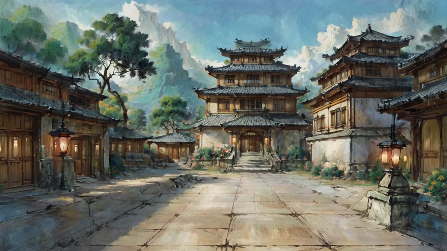 中国Ink画,  masterpiece , best quality, Ink画，Guo Chao，Ink，Xianxia scene，Fantasy fairyland scene，Pavilions，architecture具有东南亚特色，cloud雾缭绕，outdoor，Sky，daytime，cloud，Tree，Blue sky，nobody，window，plant，architecture，landscape，lantern，stairs，Potted plants，architecture，东亚architecture，landscape