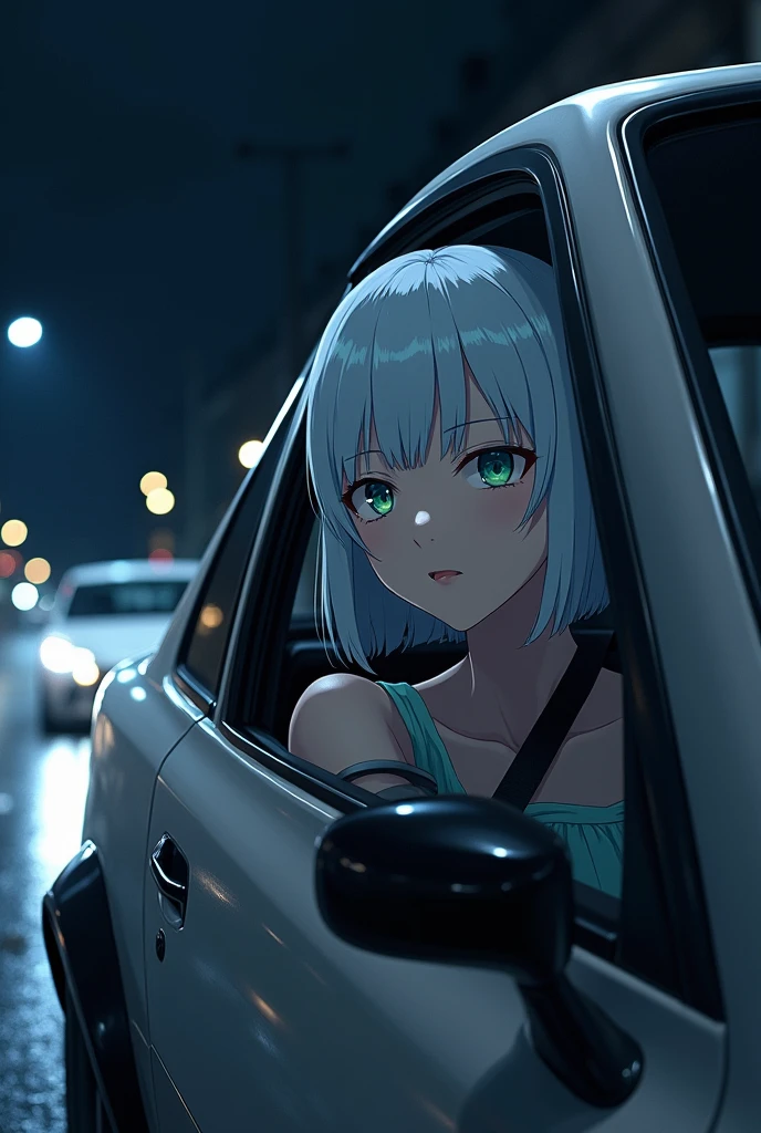 anime style, young adult woman, with blue right eye and green left eye, short white hair.
Driving a toyota supra mk4.
at night.
View from the side window.