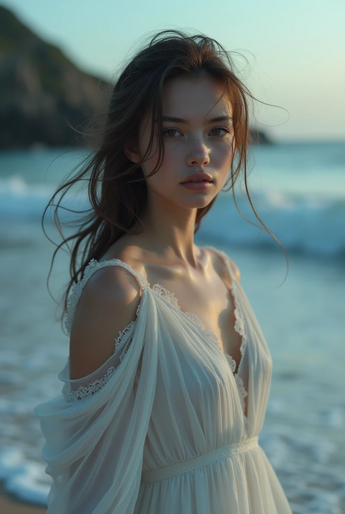 woman in a white dress standing on a beach, inspired by Vincent Lefevre, ethereal beauty, a stunning young ethereal figure, monia merlo, cinematic goddess shot, ethereal and otherworldly, inspired by Eglon van der Neer, nude against the storm, ethereal and dreamy, dark and moody backlighting, wet skin and windblown hair, atmospheric portrait