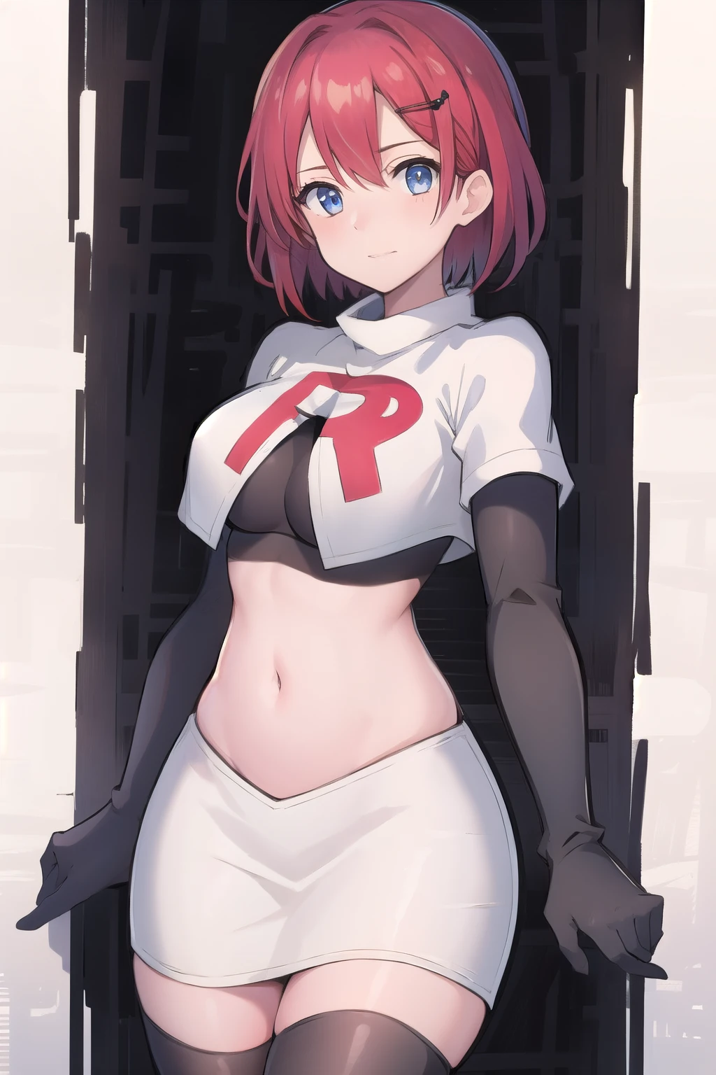 best quality, (masterpiece:1.2), illustration, absurdres, (1girl, solo, beautiful detailed girl),
Emily, short hair, red hair, hair ornament, hairclip, blue eyes, medium breasts,
garrison cap, team rocket,team rocket uniform,white skirt,red letter R,crop top,black thigh-highs,black elbow gloves,
field, sky, clouds, distant mountains,
looking at viewer, 