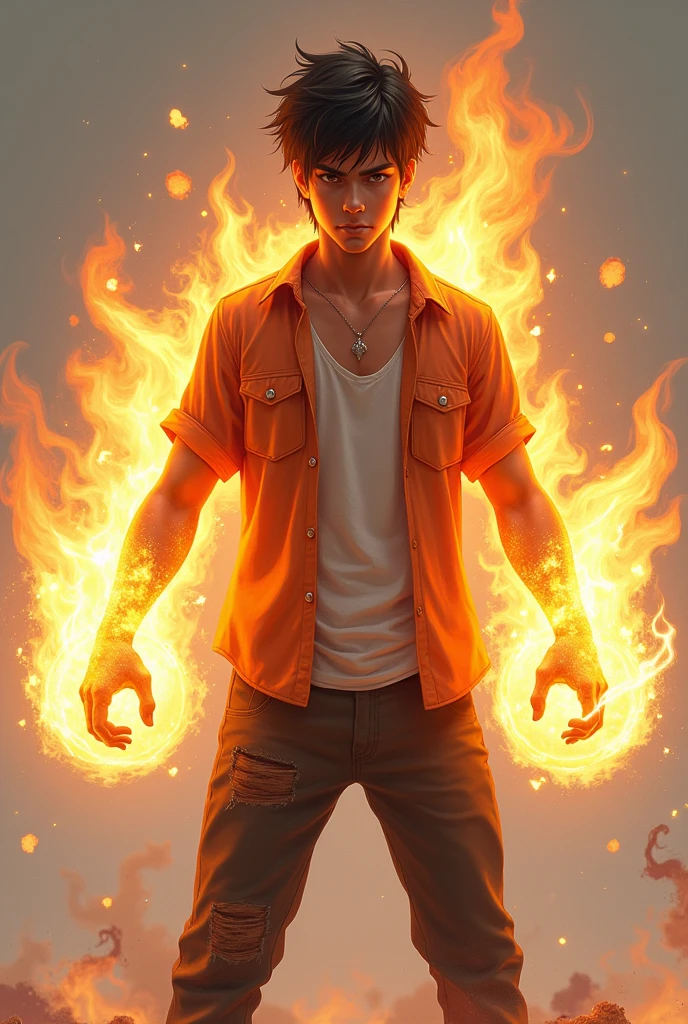 young man with fire powers wearing clothes


