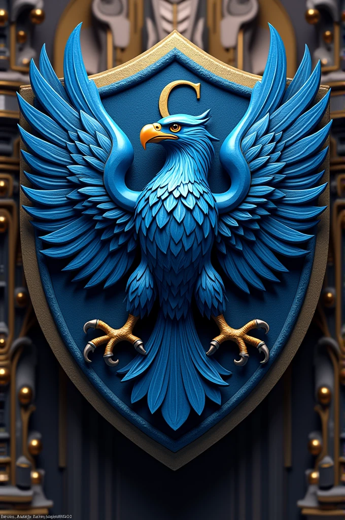 Shield with a blue eagle and letter C