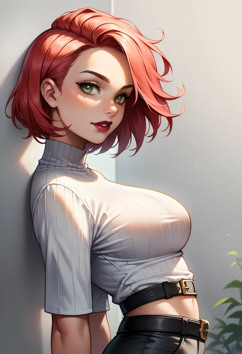 (high-level image quality), (high quality), (high resolution), (detailed), (masterpiece), beautiful woman, ((caucasian)), green eyes, red hair, short hair, dark red lipstick, slender body, perfect eyes, Detailed face,  black turtleneck, black shorts, black belt on the waist, portrait, side view, malicious face