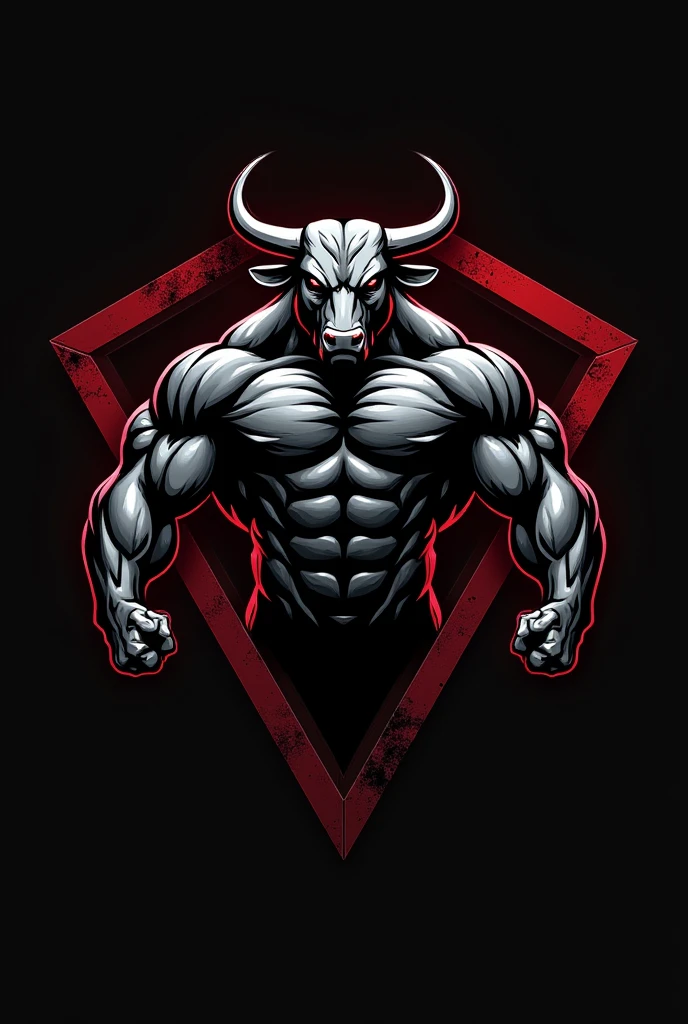 Design a powerful and dynamic logo for a bodybuilding brand featuring a strong, muscular bull as the central figure, symbolizing strength, power, and determination. The bull should have well-defined muscles, with a stance that conveys energy and dominance, embodying the essence of bodybuilding. Use sharp, angular lines to emphasize the bull's muscular build and add a sense of intensity. Incorporate bold, dark tones like black, deep red, or metallic gray to create a fierce and commanding presence. The logo should be visually impactful and brand-appropriate, with no text or letters included