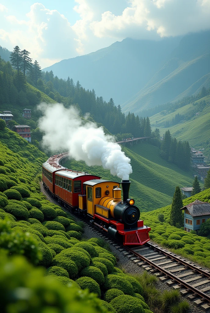 Make an image of toy train riding in the hills (of Darjeeling)
