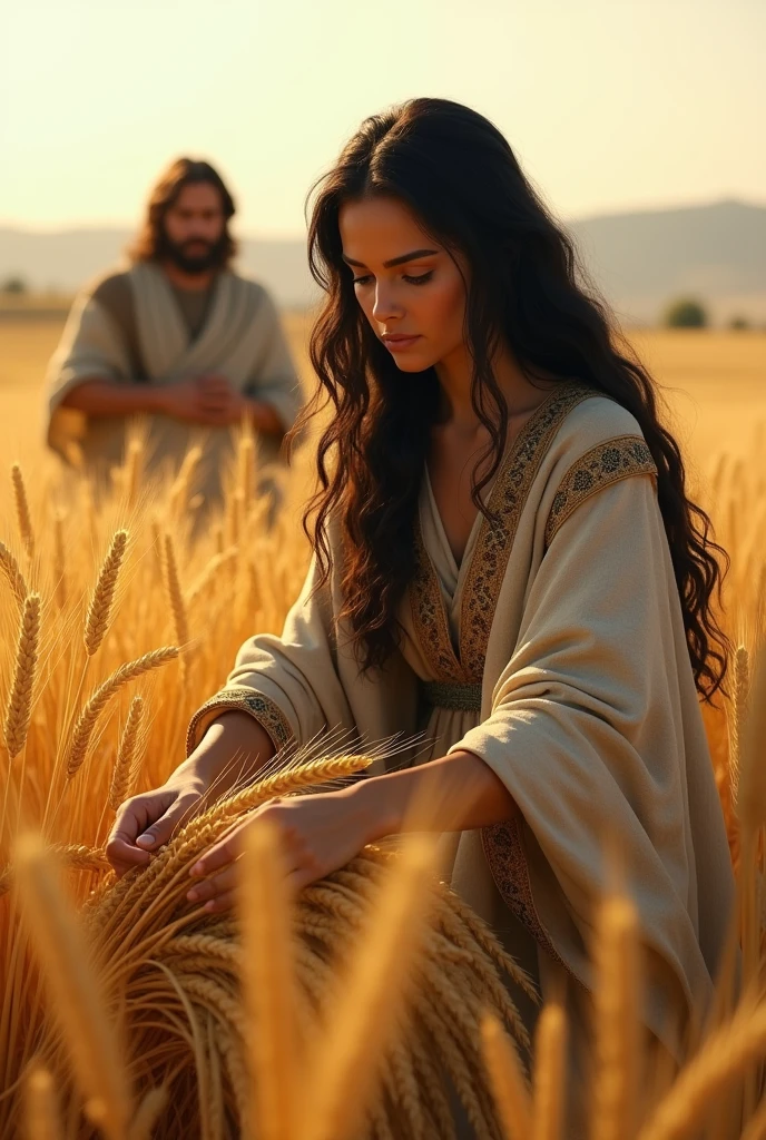 Generate realistic images of Ruth the Moabite with blue eyes and black hair covered with a blanket working in a field collecting wheat. As Boaz watches, he observes Ruth from afar with admiration.