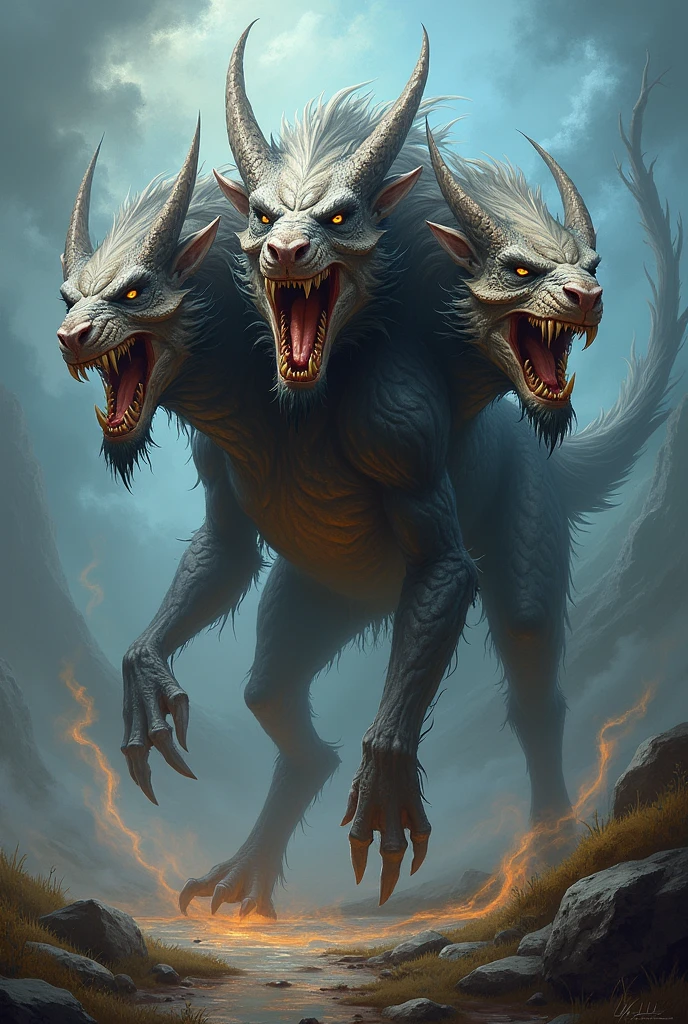 Create a mythological three-headed animal creature