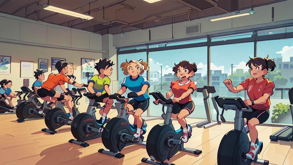 there are many people riding stationary bikes At the gym, At the gym, From yowamushi pickup, Business Illustration, The background is the gym, exercise, Digital Illustrations -, Headquarters Artwork, Spinning, cartoon style illustration, detailed 2d illustration, Cycling!!,