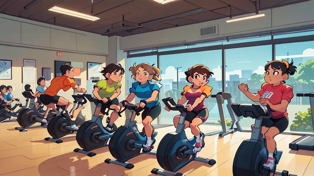 there are many people riding stationary bikes At the gym, At the gym, From yowamushi pickup, Business Illustration, The background is the gym, exercise, Digital Illustrations -, Headquarters Artwork, Spinning, cartoon style illustration, detailed 2d illustration, Cycling!!,