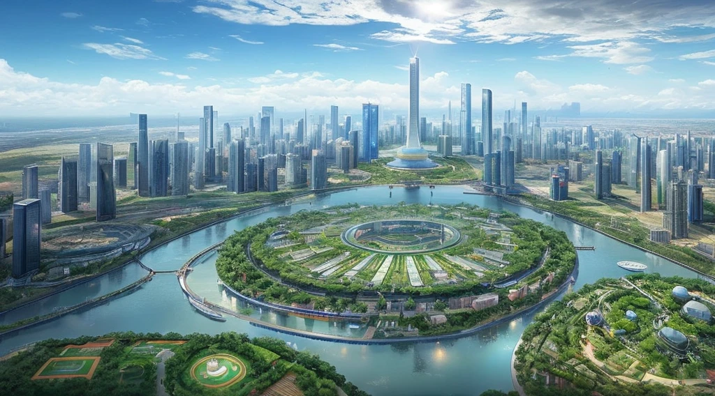 8k、super high quality、Ultra-realistic、A transparent dome city designed for extreme environments。Inside the dome、There is an artificial sun and a controlled climate.、Lush green parks and、Plant factories are expanding。Holographic clouds float in the sky、Energy towers rise above the city。