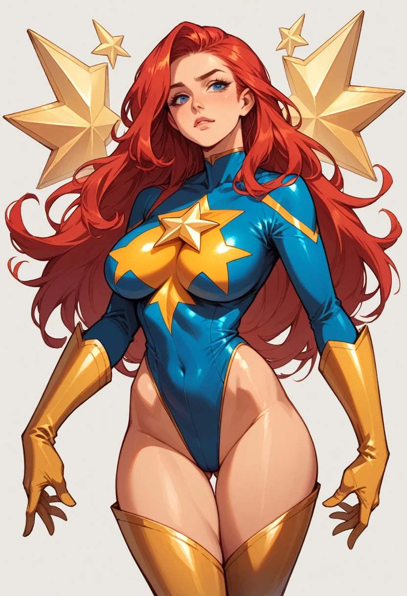 Sexy,Superheroine, Red hair, long hair, busty, ((blue highleg leotard with a t-back thong and a gold star insignia on chest)), gold boots, gold gloves